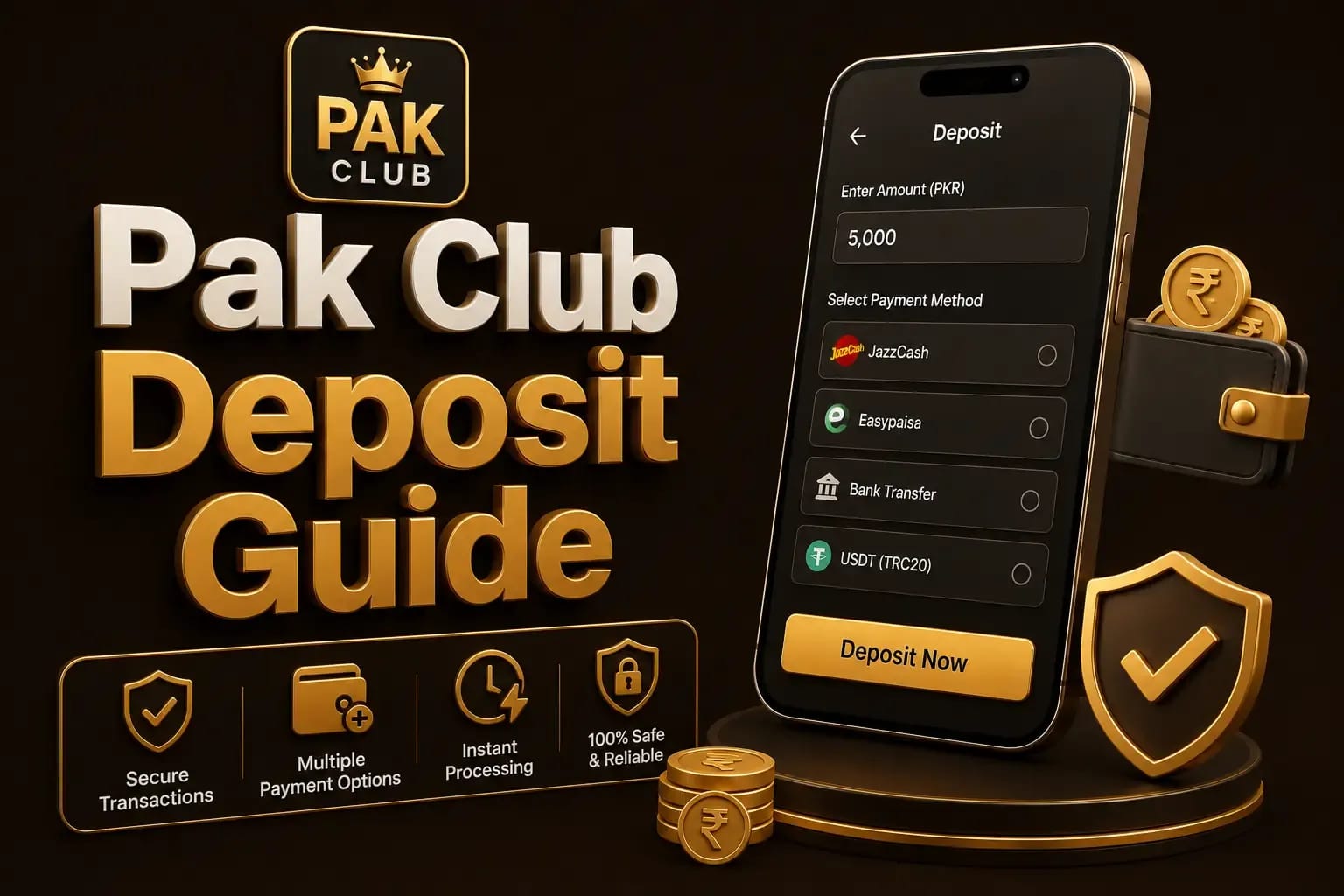 Pak Club deposit guide showing the wallet and cashier screen